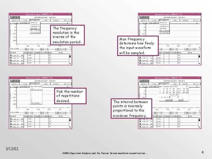 The frequency resolution is the inverse of the simulation period. Max Frequency determine how