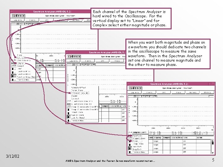 Each channel of the Spectrum Analyzer is hard wired to the Oscilloscope. For the