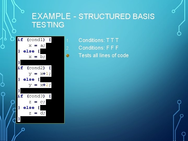 EXAMPLE - STRUCTURED BASIS TESTING if (cond 1) { x = a; } else