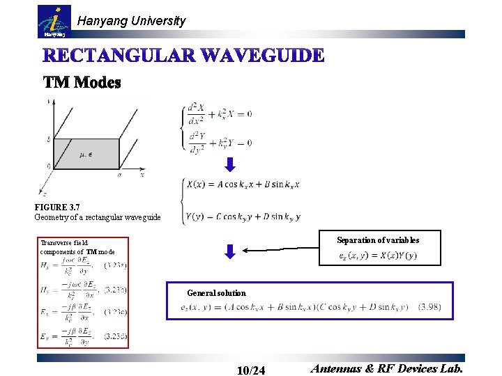 Hanyang University FIGURE 3. 7 Geometry of a rectangular waveguide Separation of variables Transverse