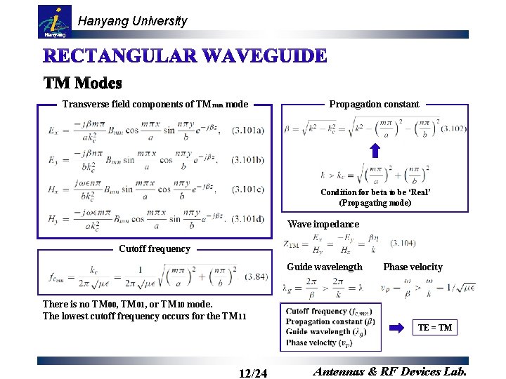 Hanyang University Propagation constant Transverse field components of TMmn mode Condition for beta to