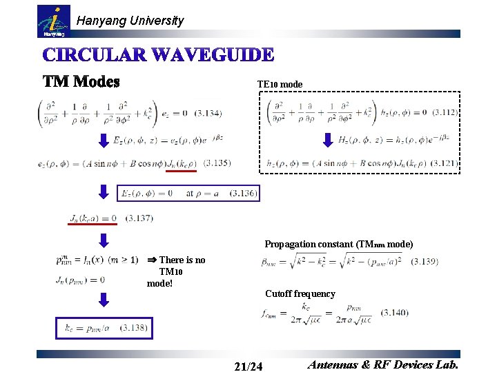 Hanyang University TE 10 mode Propagation constant (TMnm mode) ⇒ There is no TM