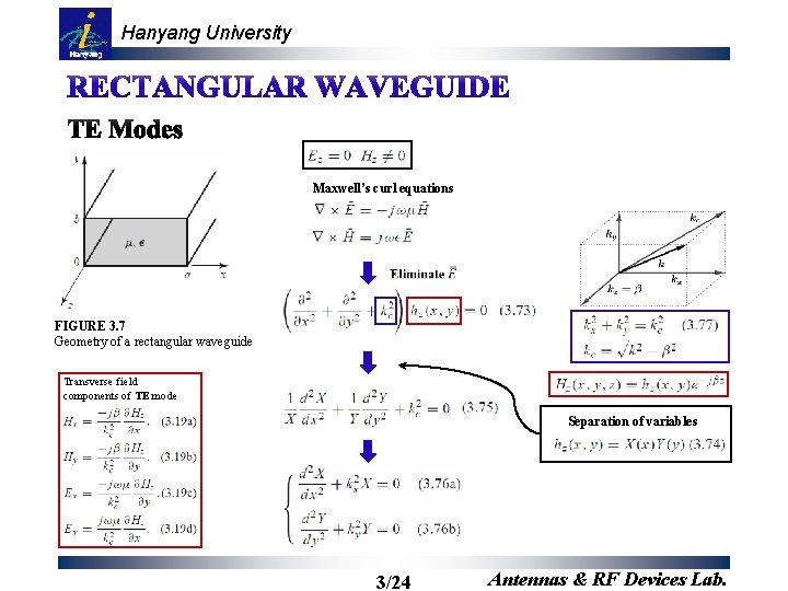 Hanyang University Maxwell’s curl equations FIGURE 3. 7 Geometry of a rectangular waveguide Transverse