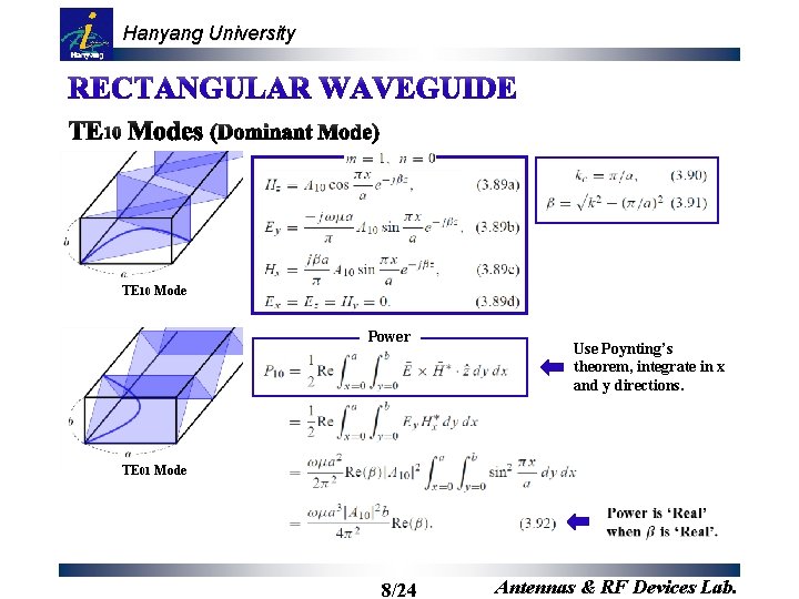 Hanyang University TE 10 Mode Power Use Poynting’s theorem, integrate in x and y