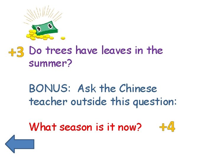 +3 Do trees have leaves in the summer? BONUS: Ask the Chinese teacher outside