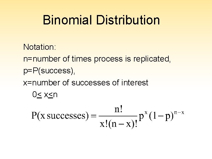Binomial Distribution Notation: n=number of times process is replicated, p=P(success), x=number of successes of