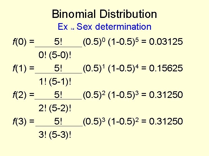 Binomial Distribution Ex Sex determination 3. 8 f(0) = 5! 0! (5 -0)! f(1)