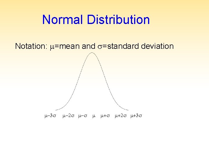 Normal Distribution Notation: =mean and =standard deviation -3 -2 - + +2 +3 