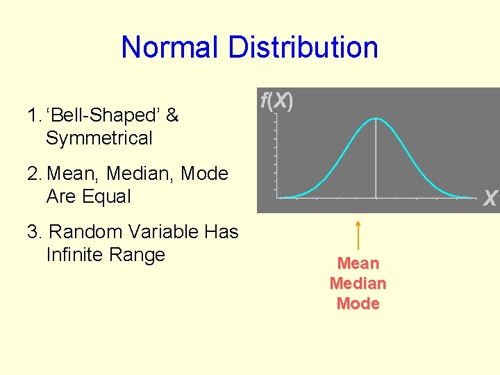 Normal Distribution 1. ‘Bell-Shaped’ & Symmetrical 2. Mean, Median, Mode Are Equal 3. Random