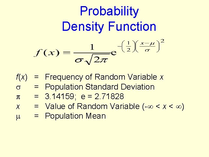 Probability Density Function f(x) x = = = Frequency of Random Variable x Population