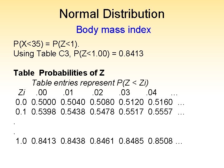 Normal Distribution Body mass index P(X<35) = P(Z<1). Using Table C 3, P(Z<1. 00)