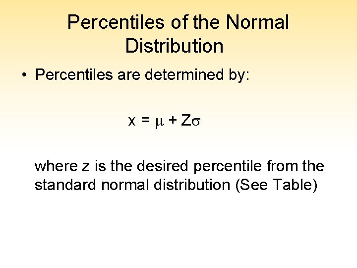 Percentiles of the Normal Distribution • Percentiles are determined by: x = + Z