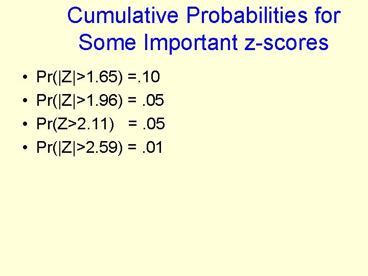 Cumulative Probabilities for Some Important z-scores • • Pr(|Z|>1. 65) =. 10 Pr(|Z|>1. 96)