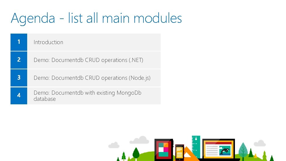 Agenda - list all main modules Introduction Demo: Documentdb CRUD operations (. NET) Demo: