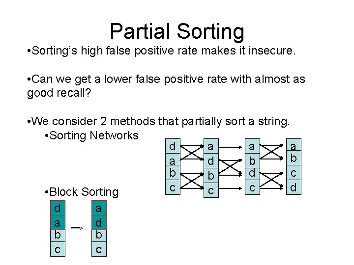 Partial Sorting • Sorting’s high false positive rate makes it insecure. • Can we