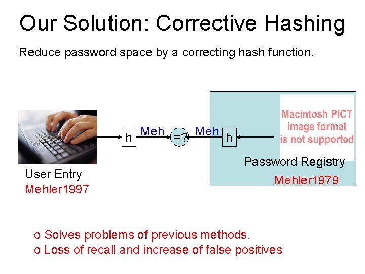 Our Solution: Corrective Hashing Reduce password space by a correcting hash function. h Meh