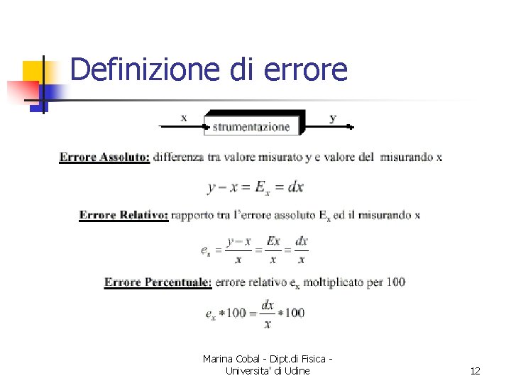 Definizione di errore Marina Cobal - Dipt. di Fisica Universita' di Udine 12 