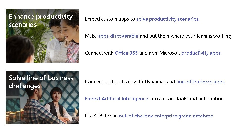 Enhance productivity scenarios Embed custom apps to solve productivity scenarios Make apps discoverable and