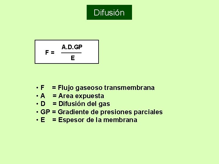 Difusión F= A. D. GP E • F = Flujo gaseoso transmembrana • A