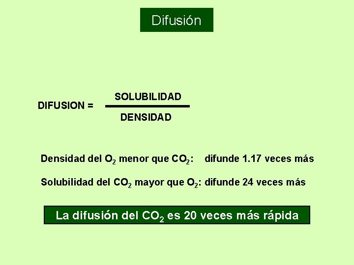 Difusión DIFUSION = SOLUBILIDAD DENSIDAD Densidad del O 2 menor que CO 2: difunde