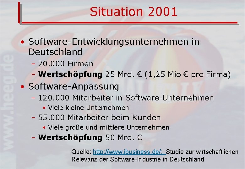 Situation 2001 • Software-Entwicklungsunternehmen in Deutschland – 20. 000 Firmen – Wertschöpfung 25 Mrd.