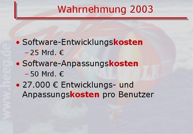 Wahrnehmung 2003 • Software-Entwicklungskosten – 25 Mrd. € • Software-Anpassungskosten – 50 Mrd. €