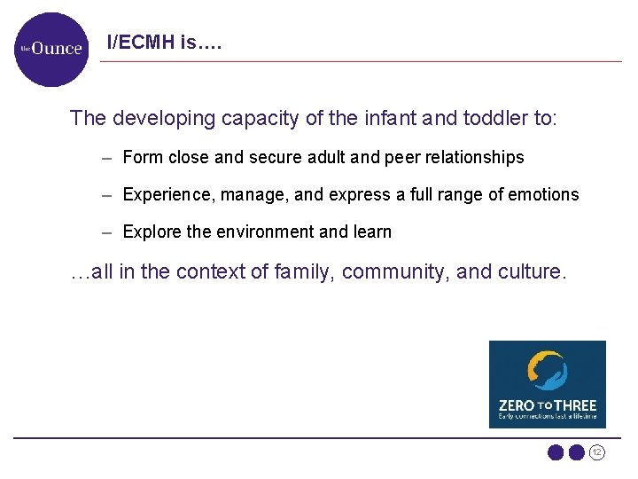 I/ECMH is…. The developing capacity of the infant and toddler to: – Form close