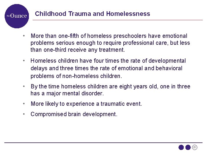 Childhood Trauma and Homelessness • More than one-fifth of homeless preschoolers have emotional problems