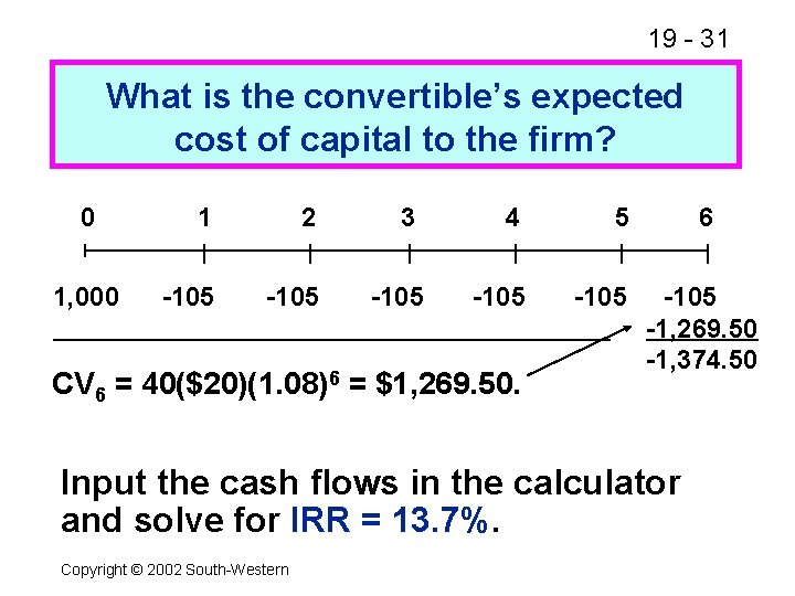 19 - 31 What is the convertible’s expected cost of capital to the firm?