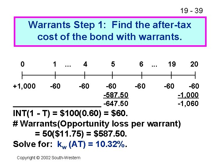 19 - 39 Warrants Step 1: Find the after-tax cost of the bond with