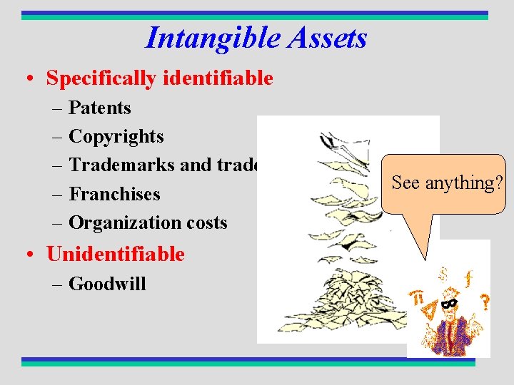 Intangible Assets • Specifically identifiable – Patents – Copyrights – Trademarks and tradenames –