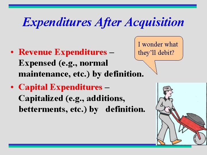 Expenditures After Acquisition I wonder what they’ll debit? • Revenue Expenditures – Expensed (e.