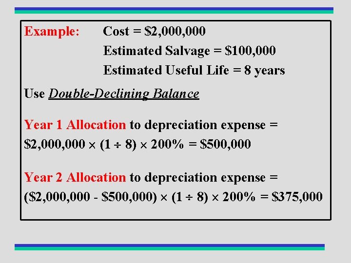 Example: Cost = $2, 000 Estimated Salvage = $100, 000 Estimated Useful Life =