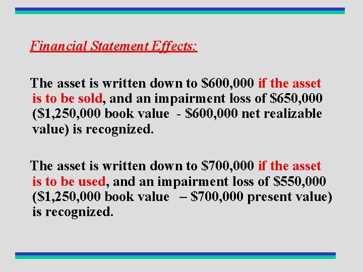 Financial Statement Effects: The asset is written down to $600, 000 if the asset