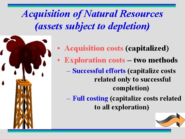 Acquisition of Natural Resources (assets subject to depletion) • Acquisition costs (capitalized) • Exploration