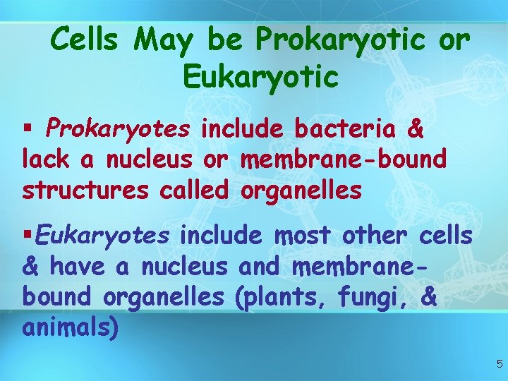 Cells May be Prokaryotic or Eukaryotic § Prokaryotes include bacteria & lack a nucleus