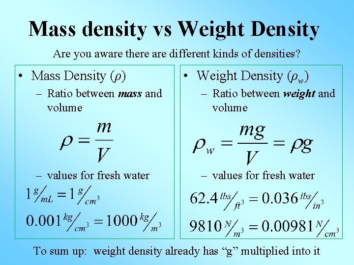 Mass density vs Weight Density Are you aware there are different kinds of densities?