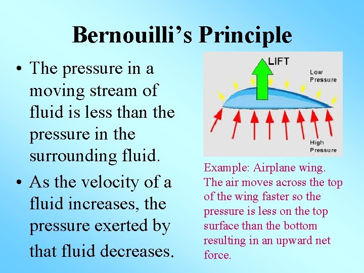 Bernouilli’s Principle • The pressure in a moving stream of fluid is less than