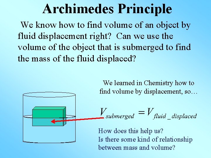 Archimedes Principle We know how to find volume of an object by fluid displacement