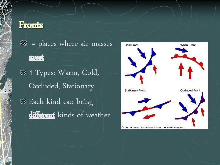 Fronts = places where air masses meet 4 Types: Warm, Cold, Occluded, Stationary Each