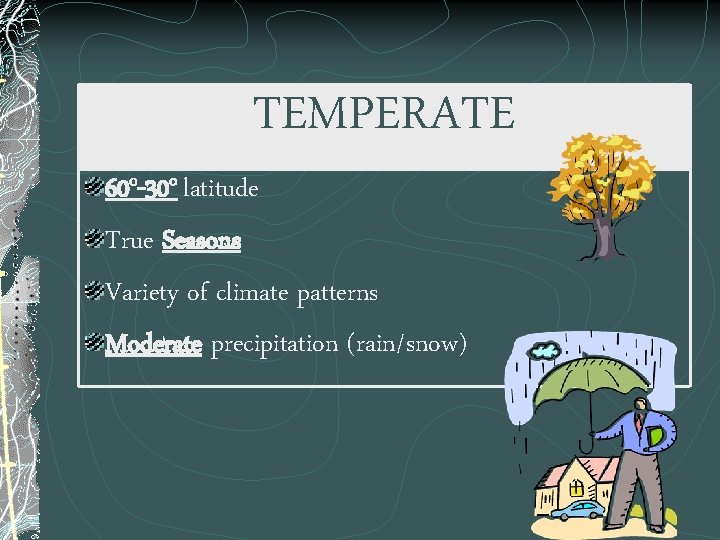 TEMPERATE 60 o-30 o latitude True Seasons Variety of climate patterns Moderate precipitation (rain/snow)