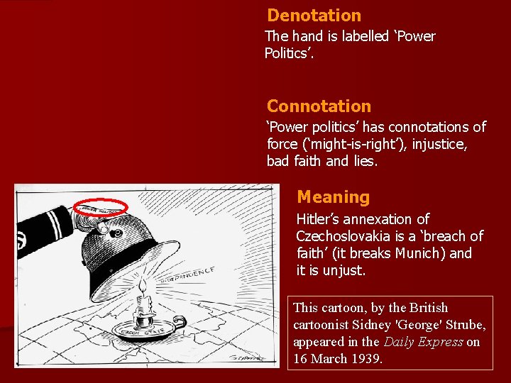 Denotation The hand is labelled ‘Power Politics’. Connotation ‘Power politics’ has connotations of force