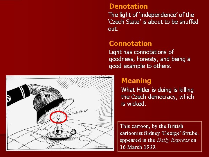 Denotation The light of ‘independence’ of the ‘Czech State’ is about to be snuffed