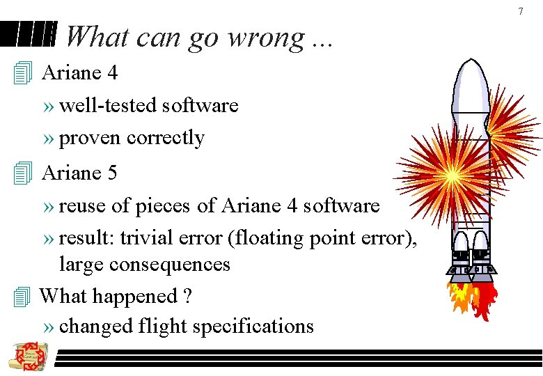 7 What can go wrong. . . 4 Ariane 4 » well-tested software »