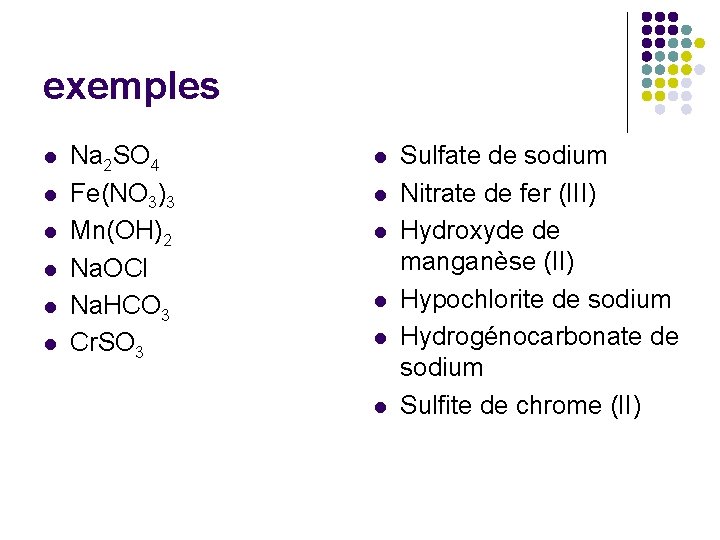 exemples l l l Na 2 SO 4 Fe(NO 3)3 Mn(OH)2 Na. OCl Na.