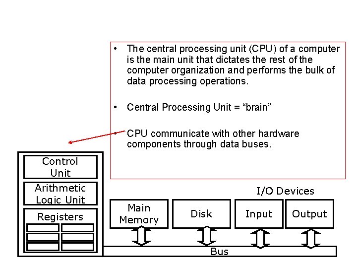  • The central processing unit (CPU) of a computer is the main unit