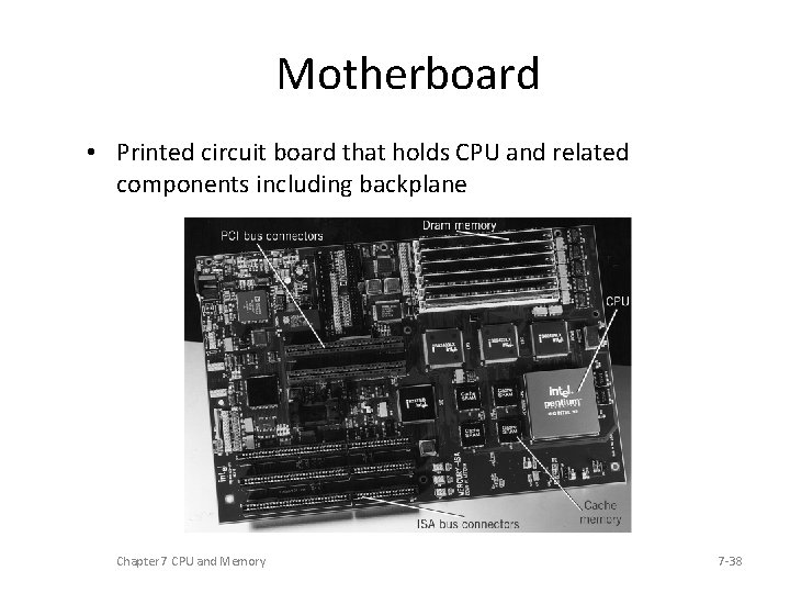 Motherboard • Printed circuit board that holds CPU and related components including backplane Chapter