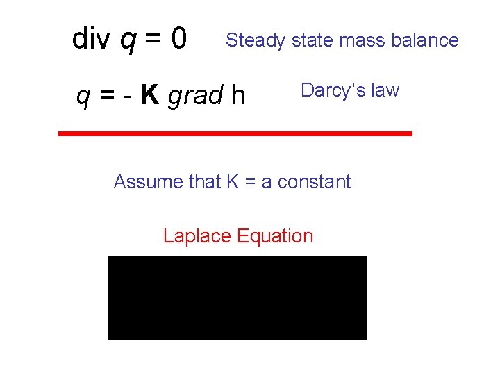 div q = 0 Steady state mass balance q = - K grad h