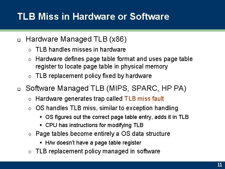 TLB Miss in Hardware or Software q Hardware Managed TLB (x 86) TLB handles