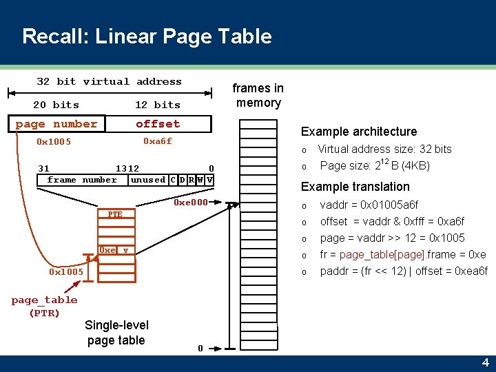 Recall: Linear Page Table 32 bit virtual address 20 bits 12 bits page number